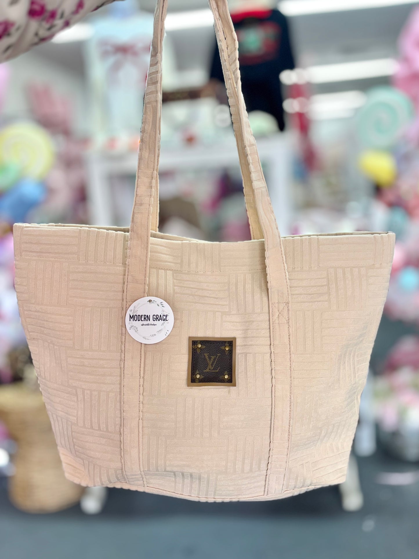 Upcycled Ivory Terry Cloth Tote Bag (LV Logo is Authentic and has been repurposed onto a new bag)