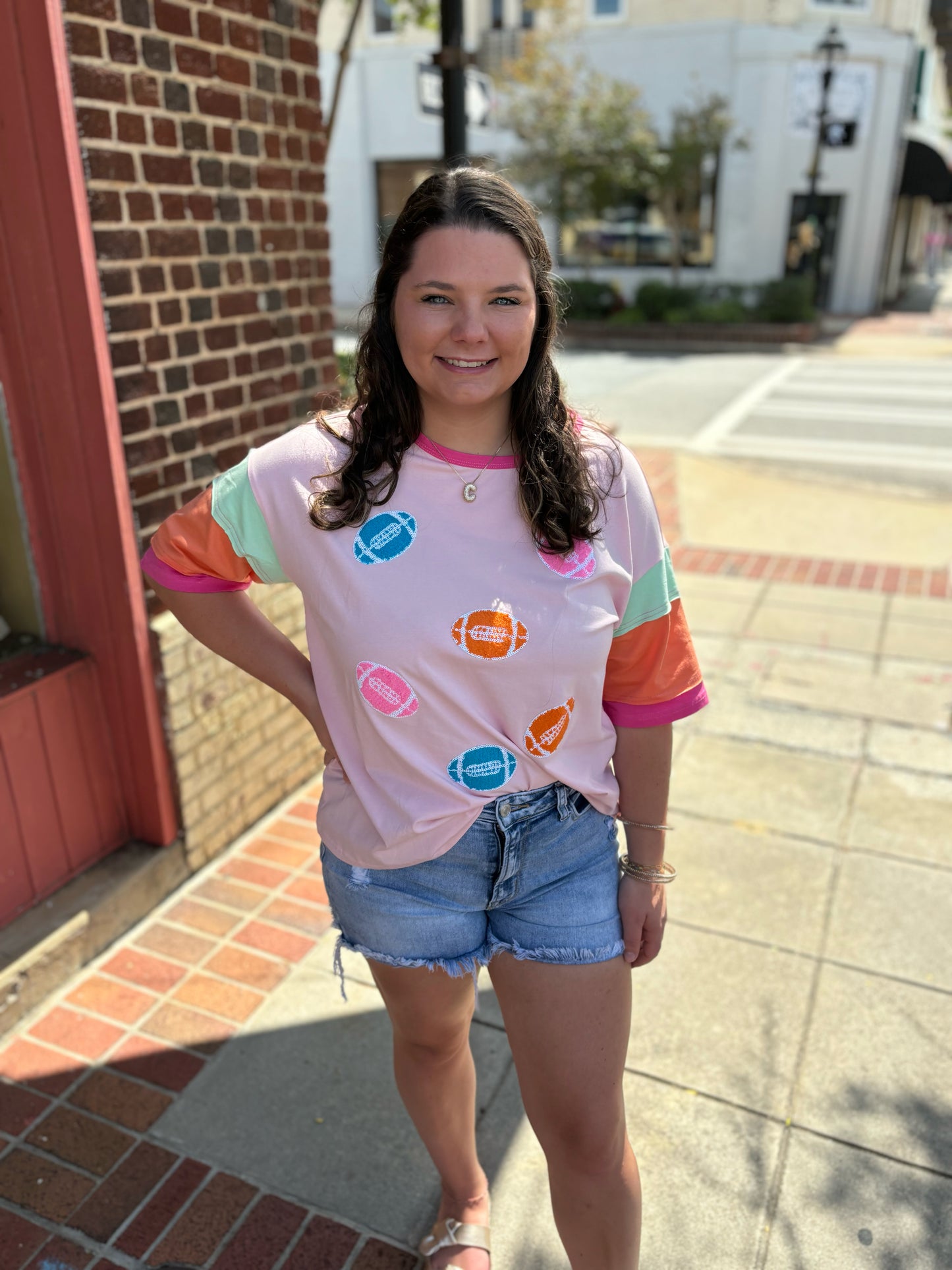 Pink Football Embroidered Color Block Half Sleeve T Shirt