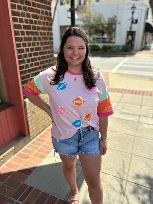 Pink Football Embroidered Color Block Half Sleeve T Shirt