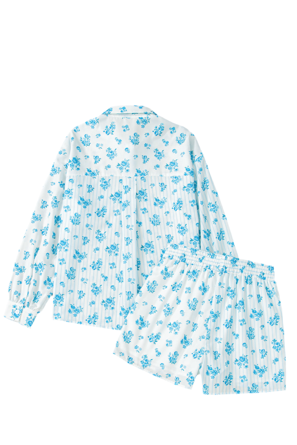Sky Blue Floral Striped Print Contrast Patched Pocket Shirt and Shorts Set