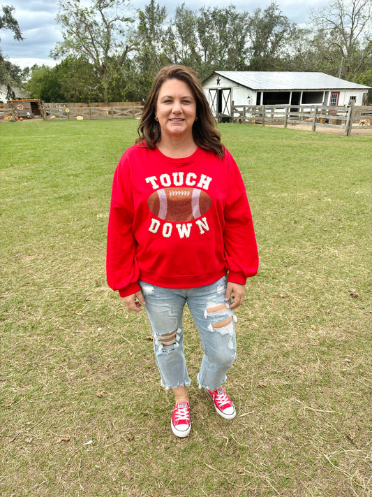 Red TOUCH DOWN Football Graphic Pullover Sweatshirt