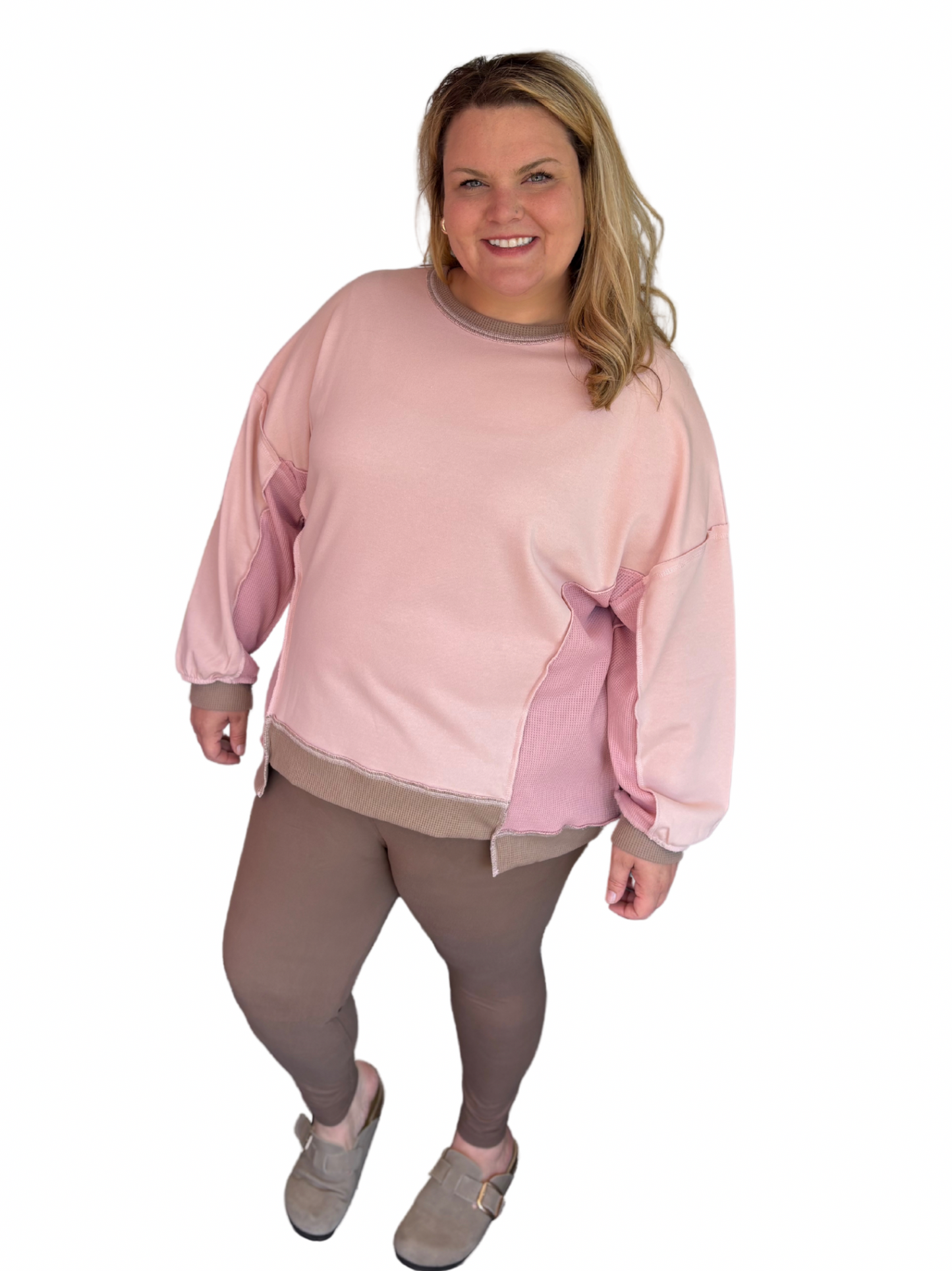 Curvy Light Pink Color Block Waffle Patchwork Exposed Sea Sweatshirt (Size up for baggy fit)
