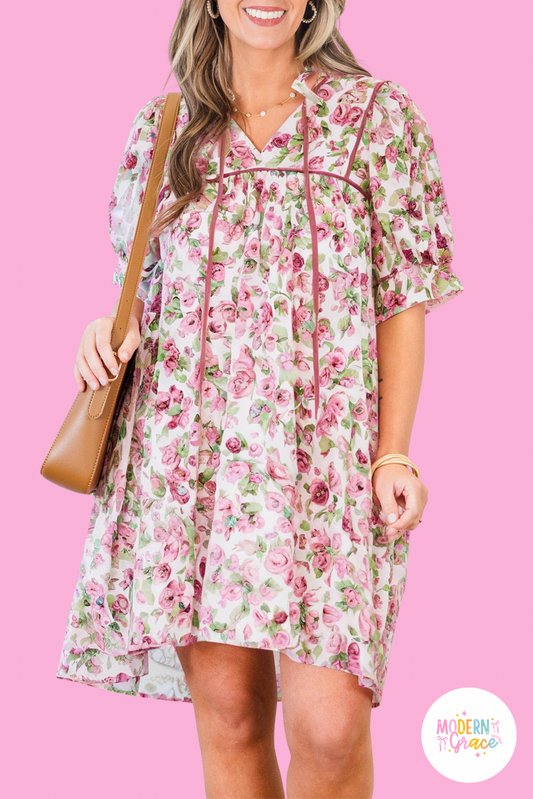 Pink Floral Split Neck Short Sleeve Loose Plus Size Mini Dress