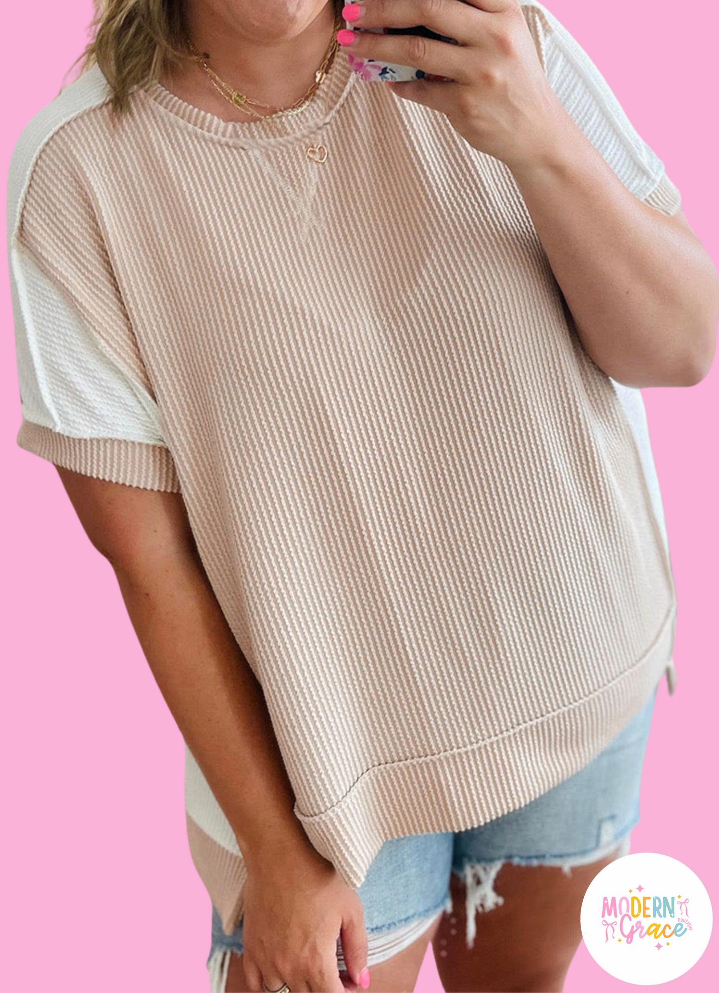 Parchment Twist Rib Colorblock Hi Low Plus Size Short Sleeve Top