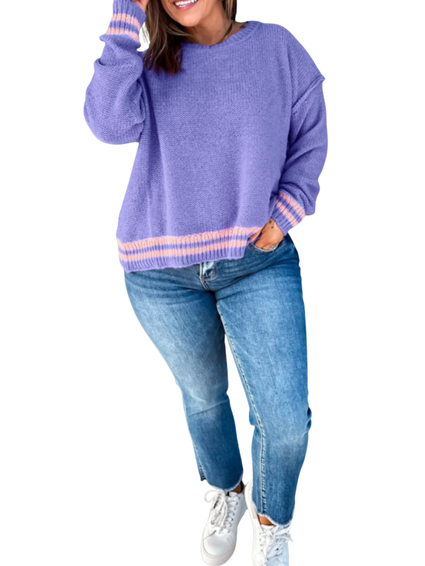 Curvy Periwinkle Striped Trim Sweater