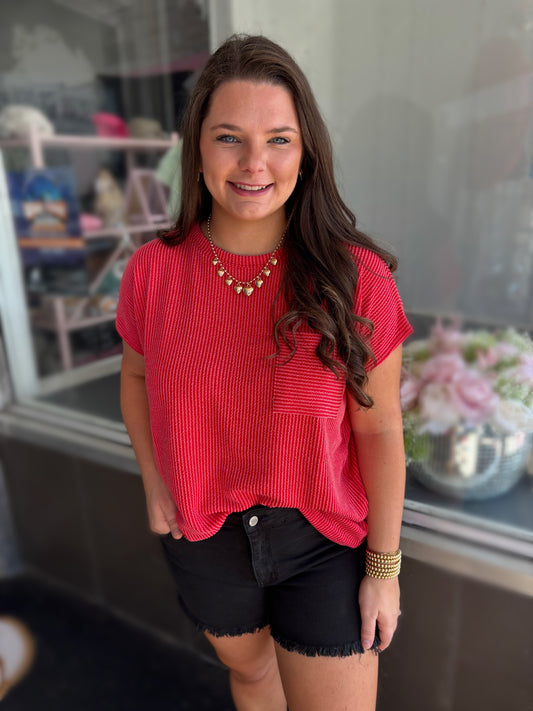 Curvy Red Raised Rib Front Pocket Top