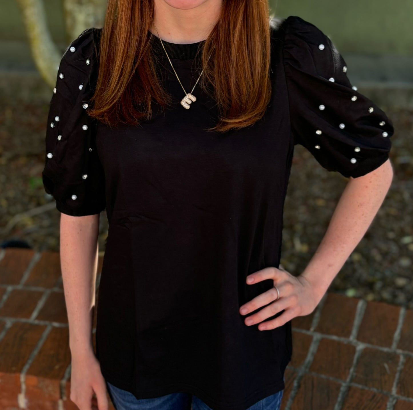 Black Rhinestone Pearl Puff Half Sleeve Top