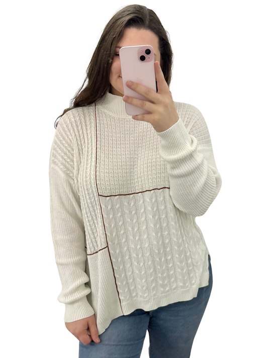 White Mixed Texture Patchwork Mock Neck Sweater