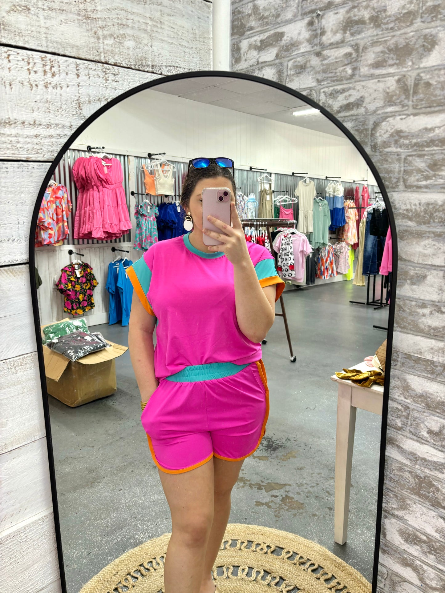 HOT PINK COLOR BLOCK CAP SLEEVE SHORT SET