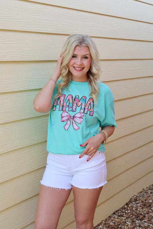 Modern Grace JTH Mint Mama Bow short sleeve T-shirt with a bow detail, soft mint color, and comfortable fit.