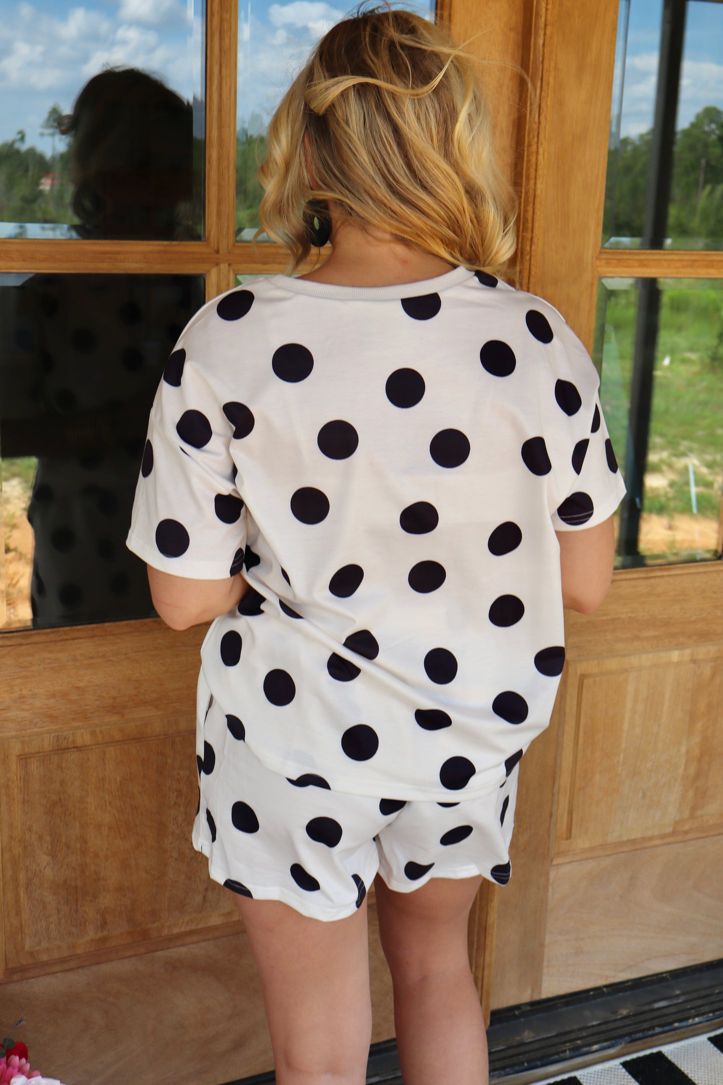 Polka Dot Print Loose Tee Drawstring Elastic Waist 2 Piece Short Set