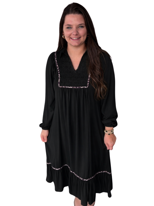 Black Collared V Neck Smocked Leopard Trim Maxi Dress