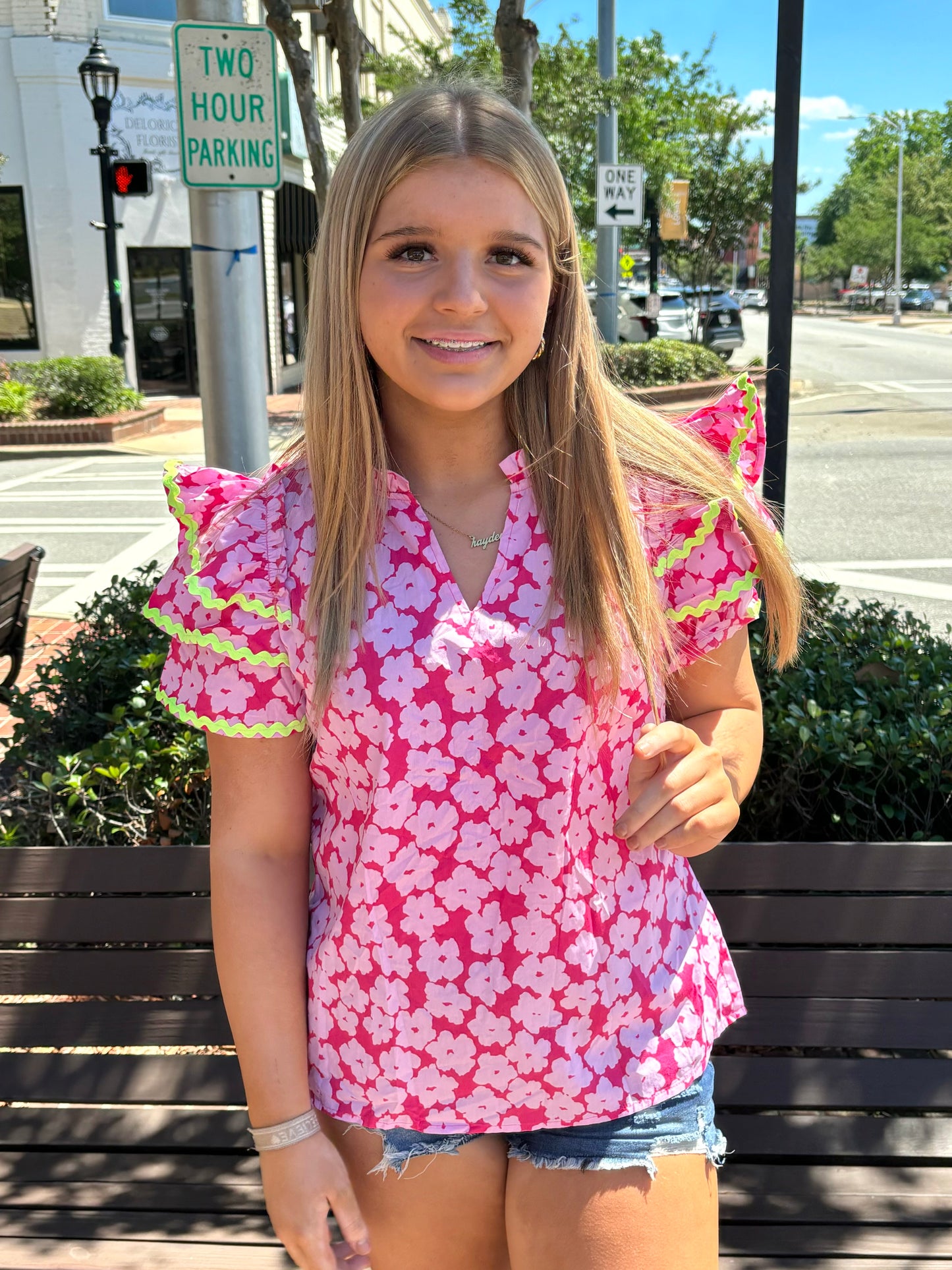 Pink Floral Contrast Ric Rac Layered Ruffle Sleeve Blouse