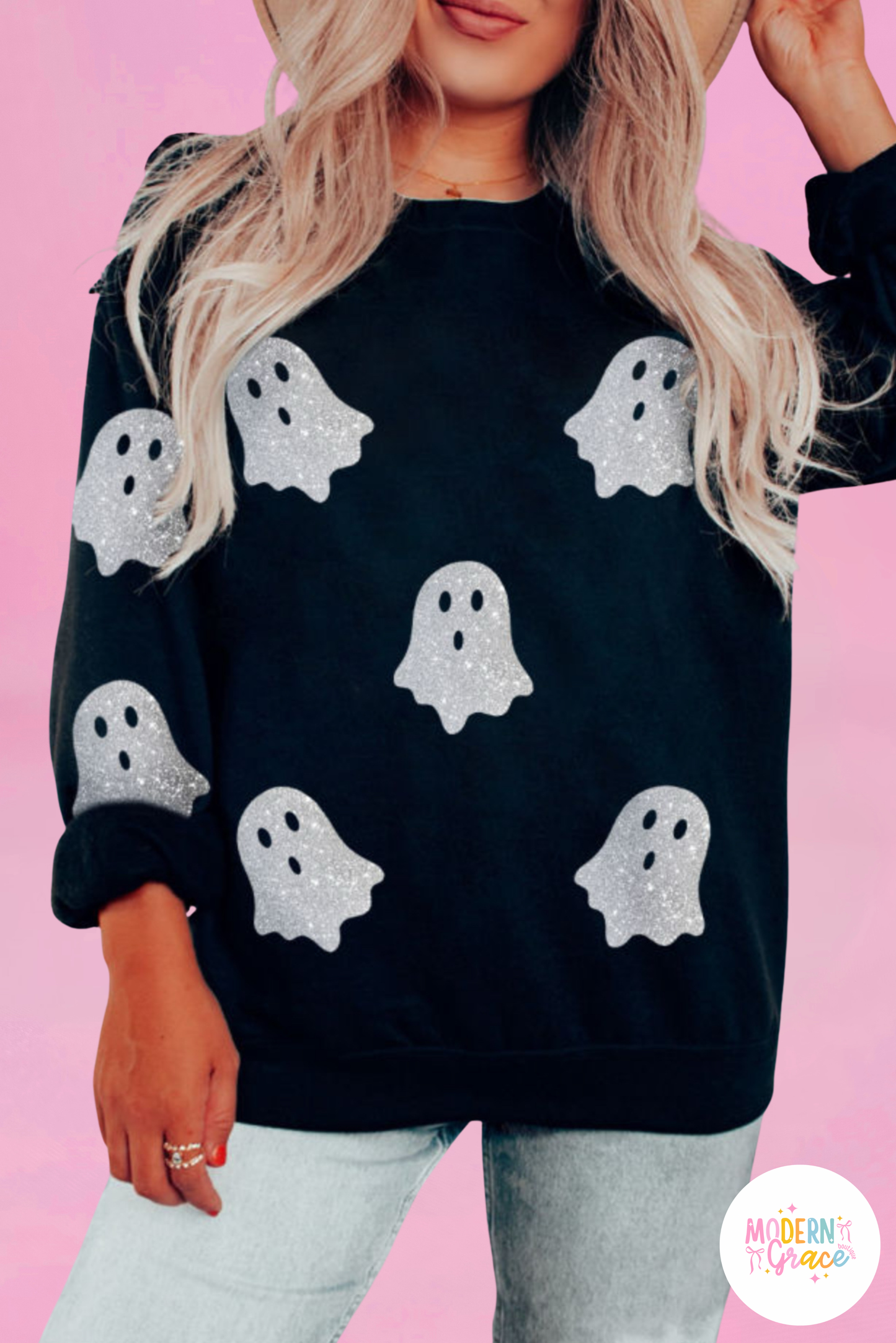 Black Glitter Ghost Halloween Sweatshirt