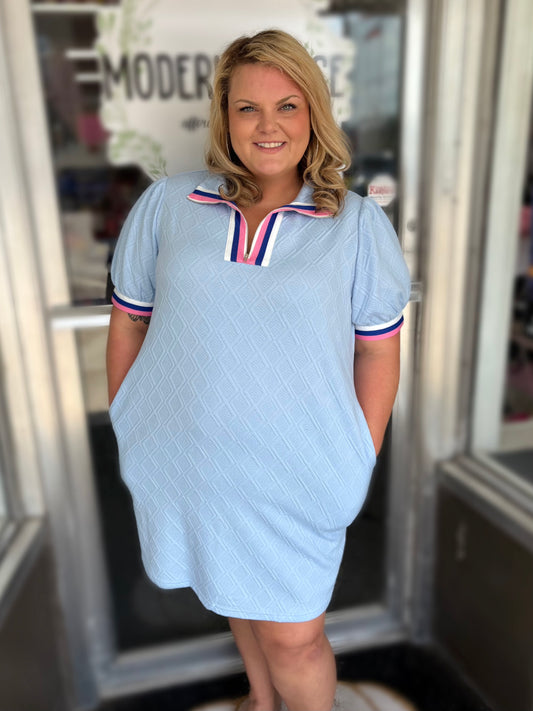 Curvy Blue Contrast Striped Trim Zipped Stand Collar Textured Puff Sleeve T Shirt Dress