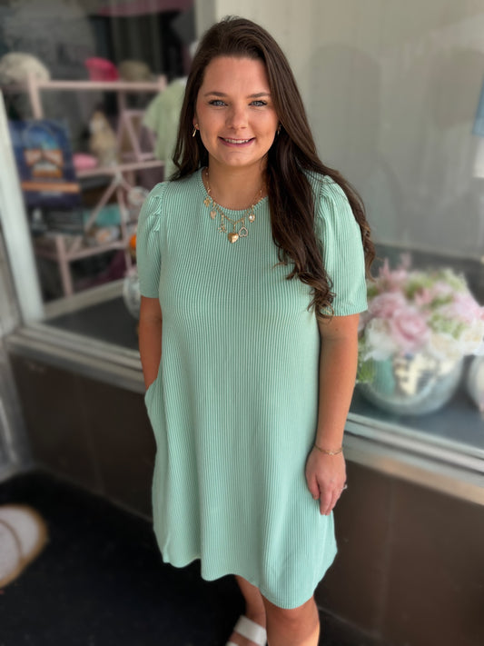 Green Corded Knit Crew Neck Puff Sleeve Shift Mini Dress
