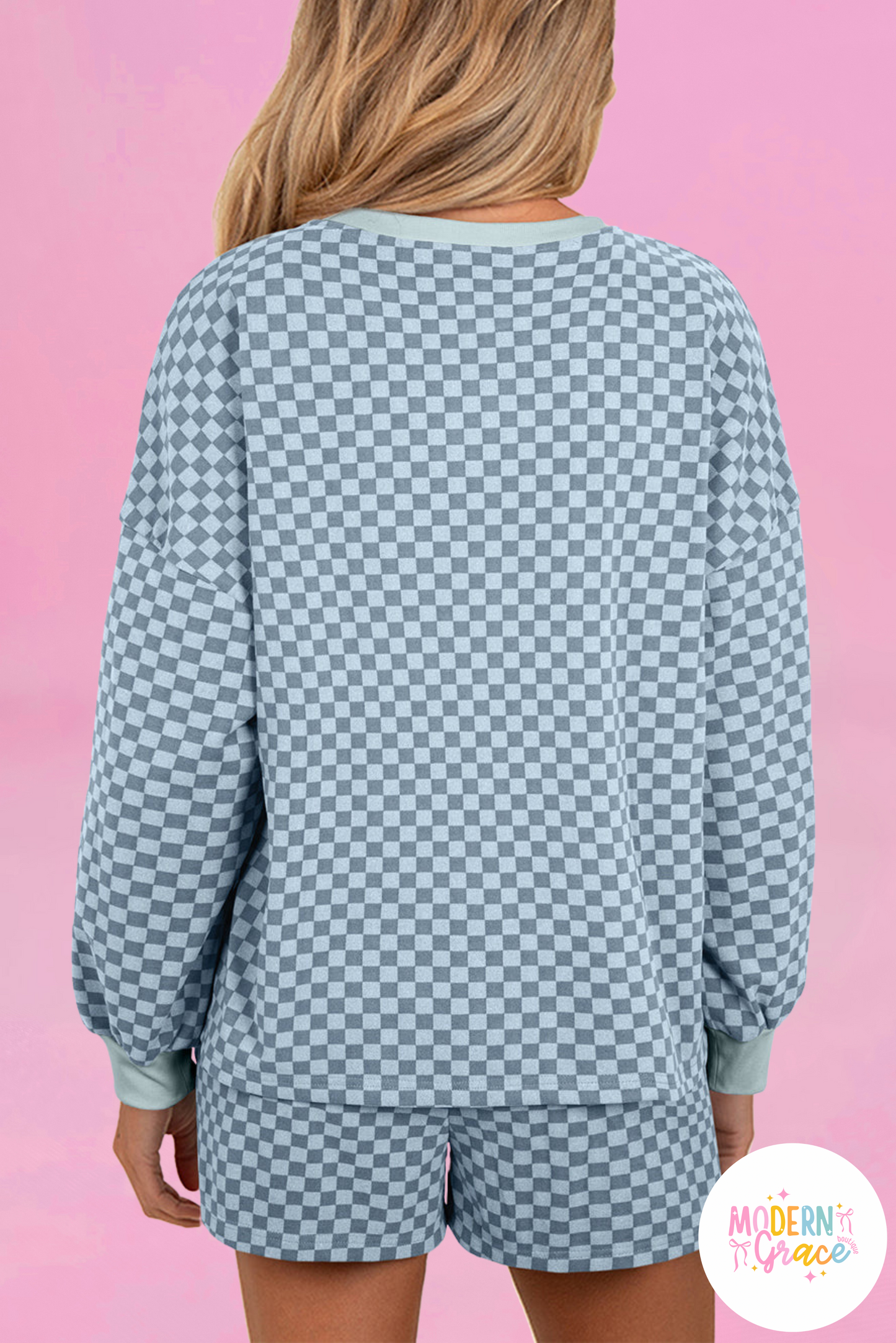 Blue Checkerboard Long Sleeve Pullover and Shorts Set (Warehouse Exclusive)
