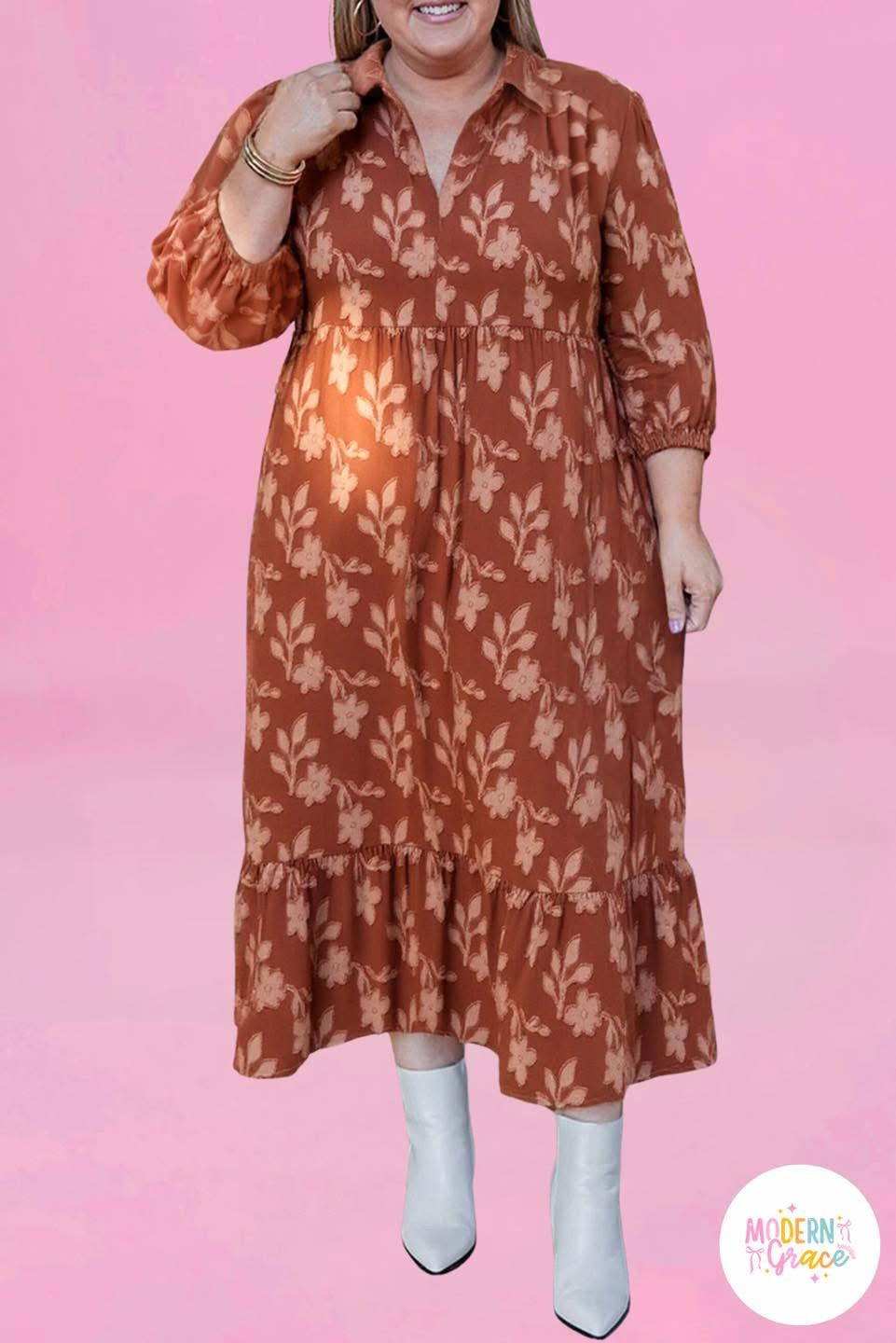 Cinnamon Plus Size Textured 3D Flower Pattern Ruffle Hem 3/4 Sleeve Long Dress (Warehouse Exclusives)