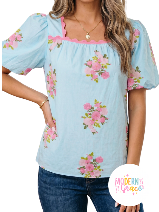 Sky blue floral ricrac trim square neck blouse with bubble sleeves from Modern Grace, stylish and feminine top for casual or dressy occasions.