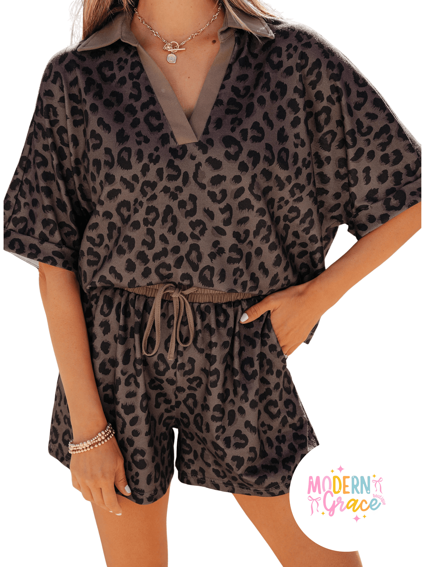 Brown leopard print V-neck high waist two-piece short set from Modern Grace, featuring a stylish matching top and shorts.