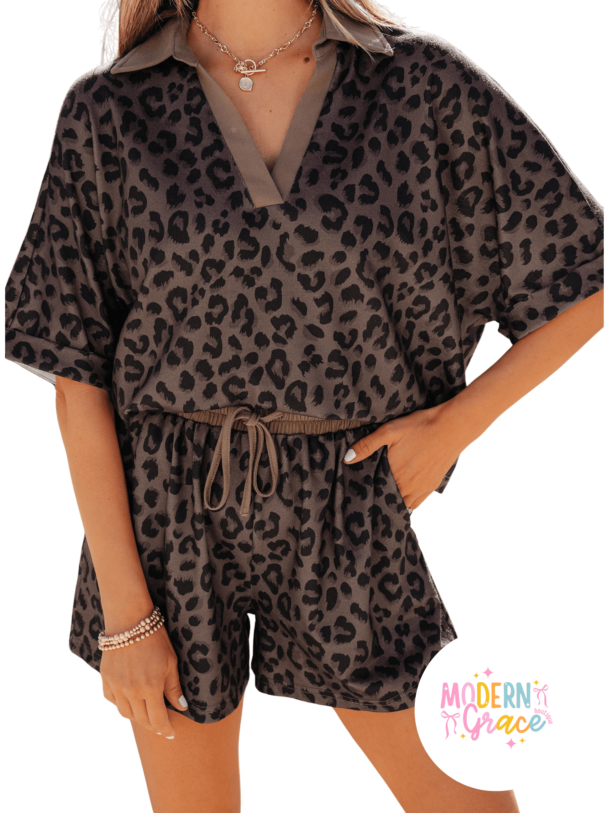 Brown leopard print V-neck high waist two-piece short set from Modern Grace, featuring a stylish matching top and shorts.