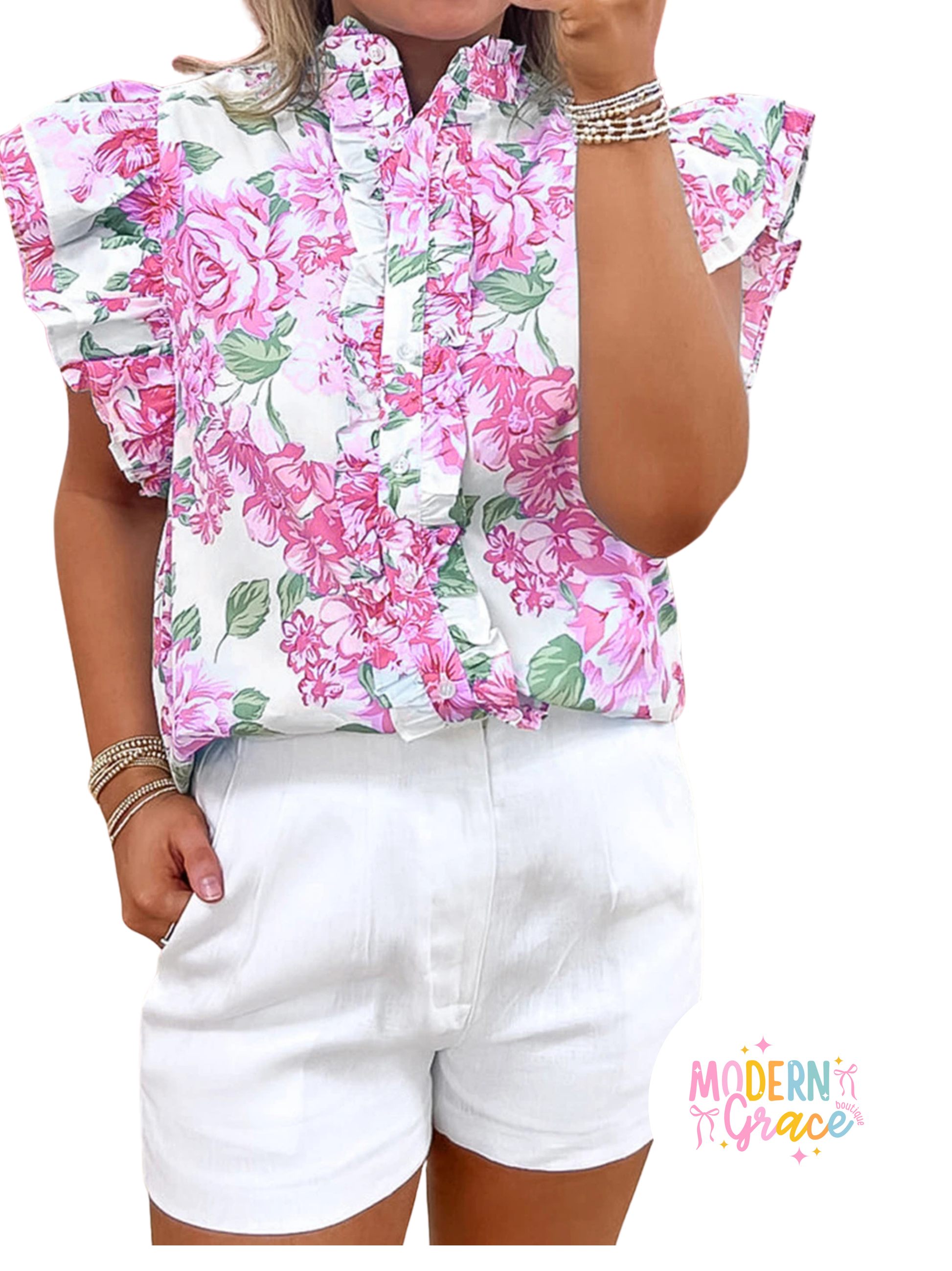 Pink floral print ruffle sleeve button-up shirt by Modern Grace, featuring frilly details and a stylish, feminine design.