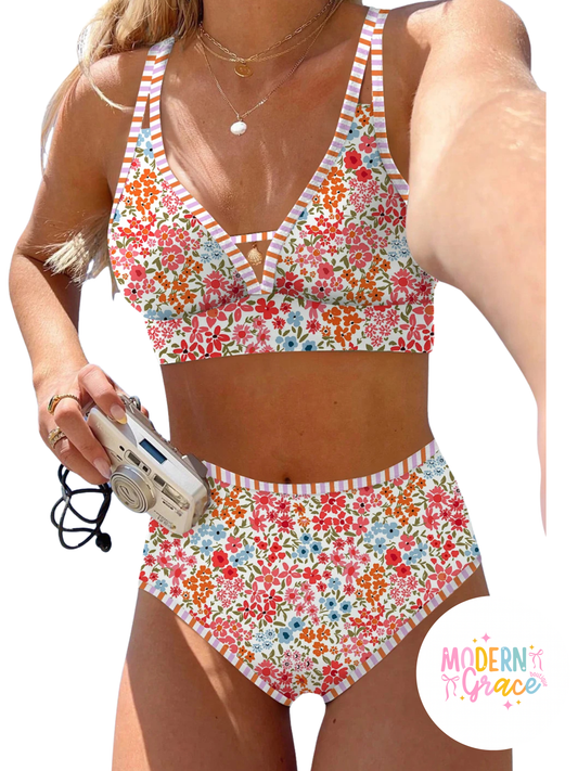 Red Floral Print Contrast Trim Cut-Out High Waist Bikini Bottom