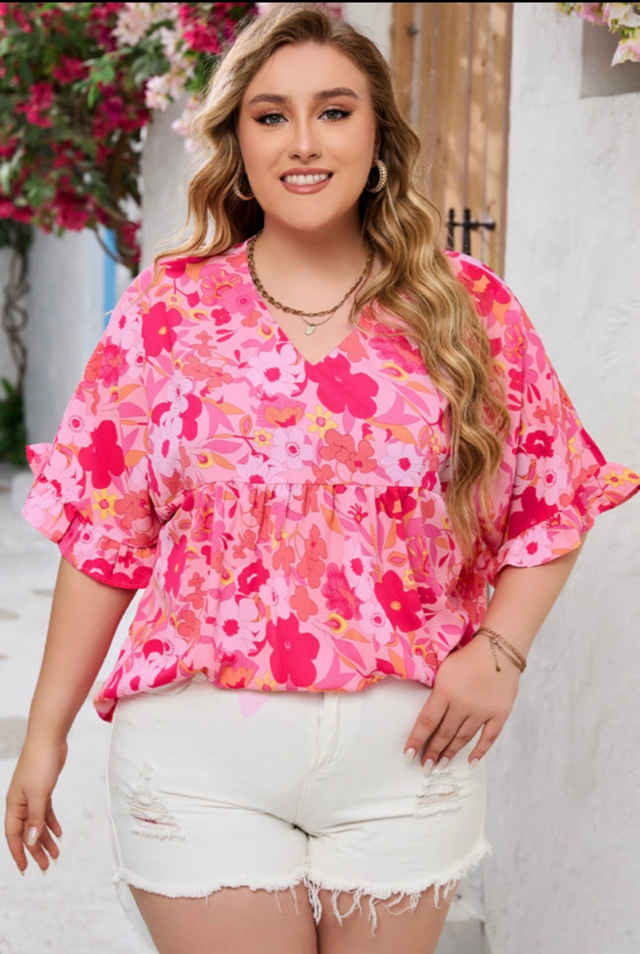 Curvy Rose Floral Print Ruffled Half Sleeve Babydoll Blouse