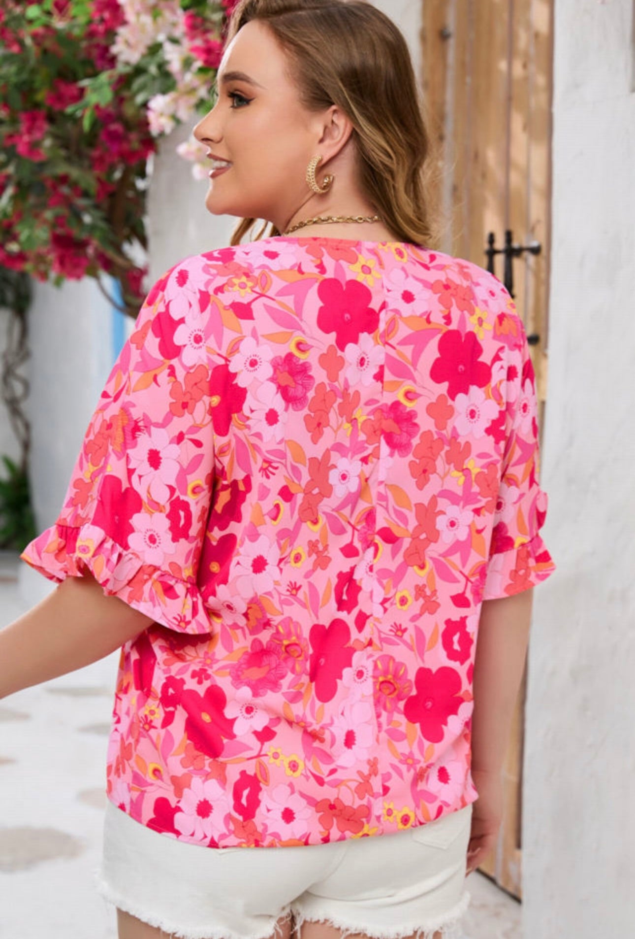 Curvy Rose Floral Print Ruffled Half Sleeve Babydoll Blouse