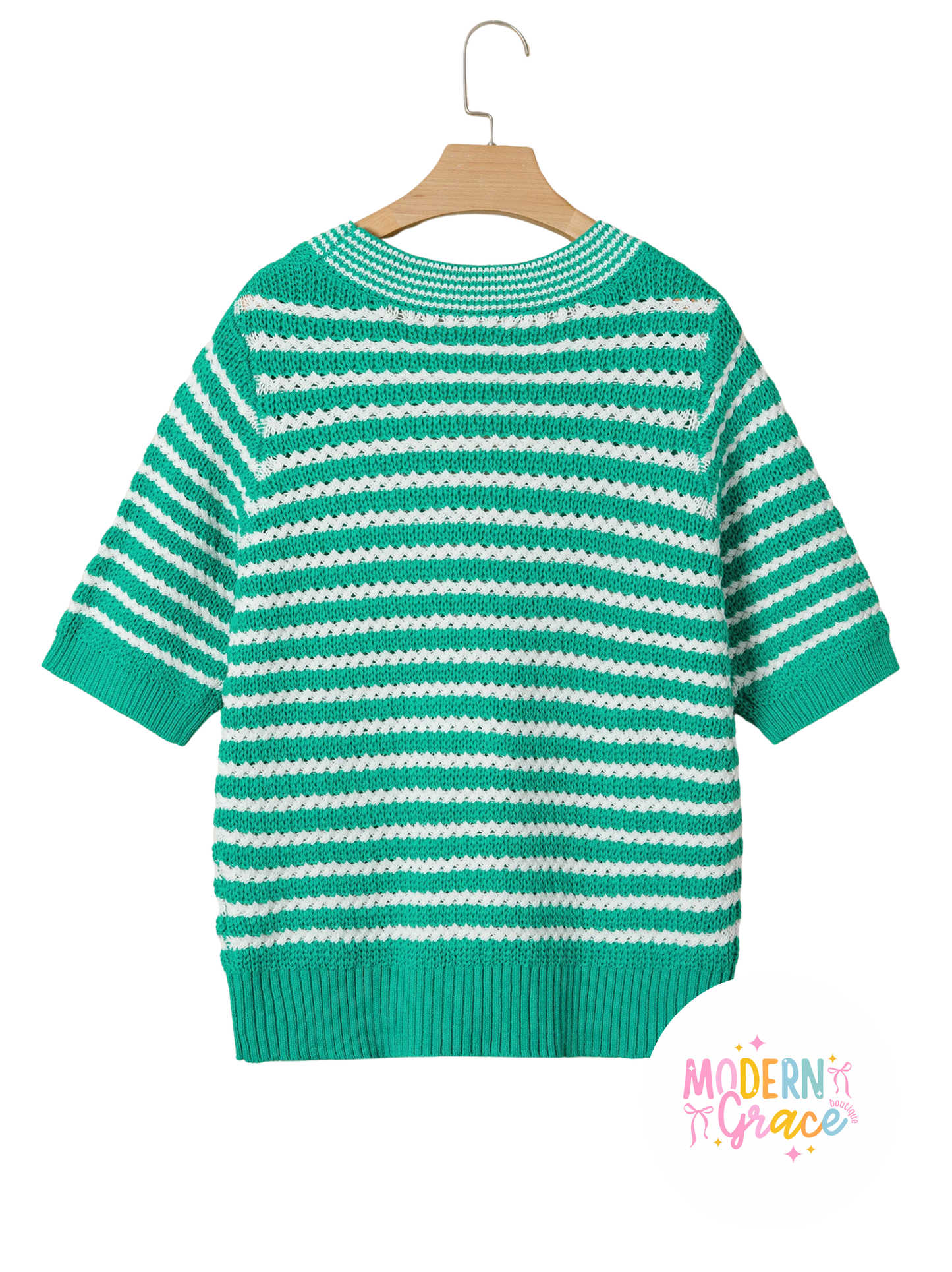 Green stripe short sleeve V-neck sweater with bow knot detail by Modern Grace, shown on a neutral background.