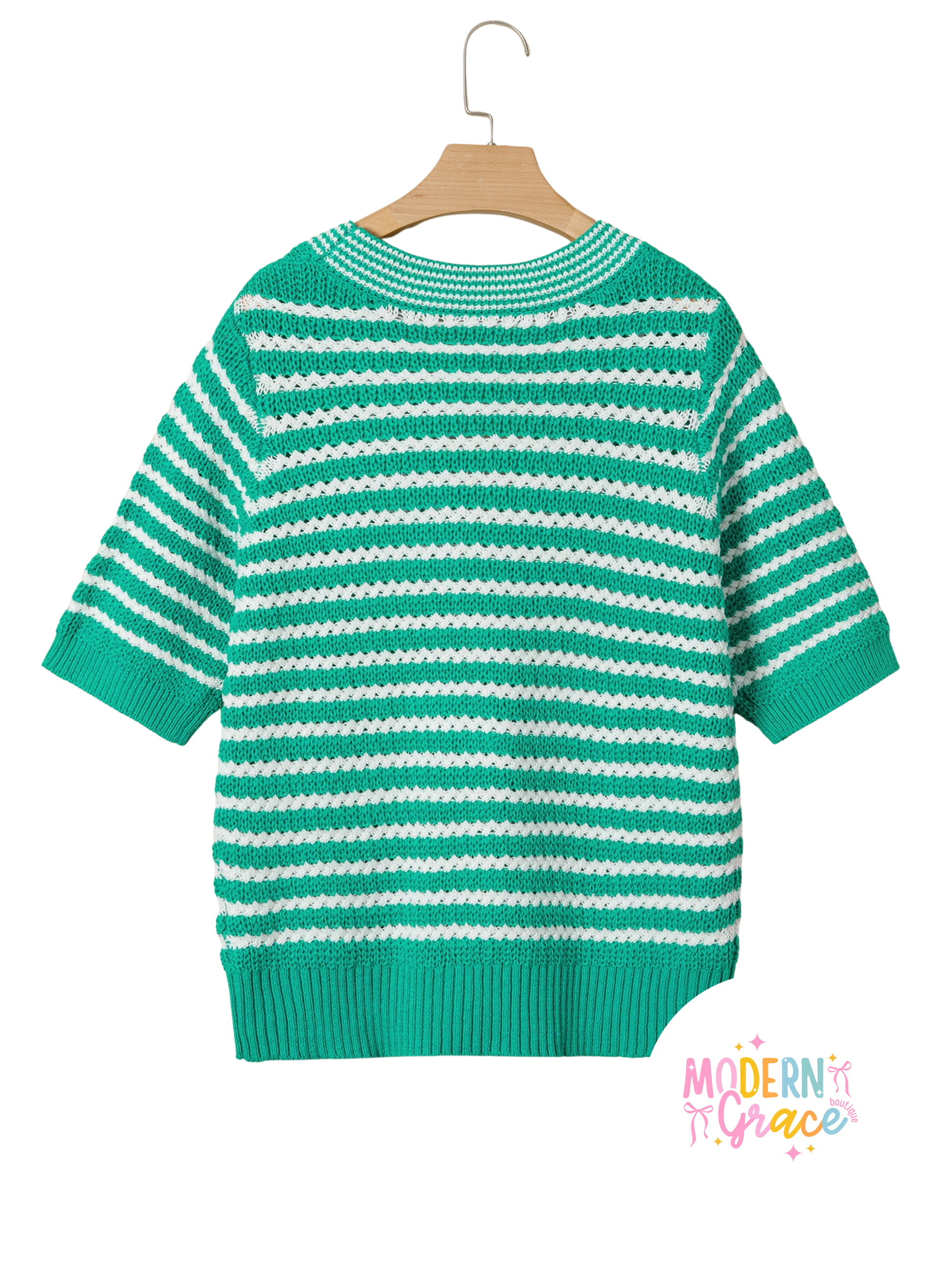 Green stripe short sleeve V-neck sweater with bow knot detail by Modern Grace, shown on a neutral background.