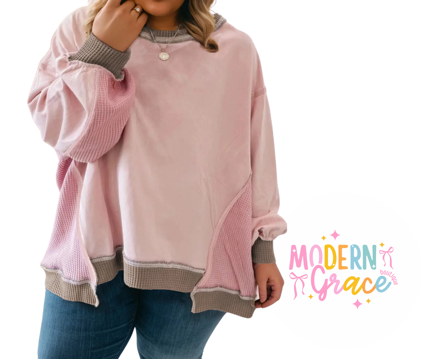 Curvy Light Pink Color Block Waffle Patchwork Exposed Sea Sweatshirt (Size up for baggy fit)
