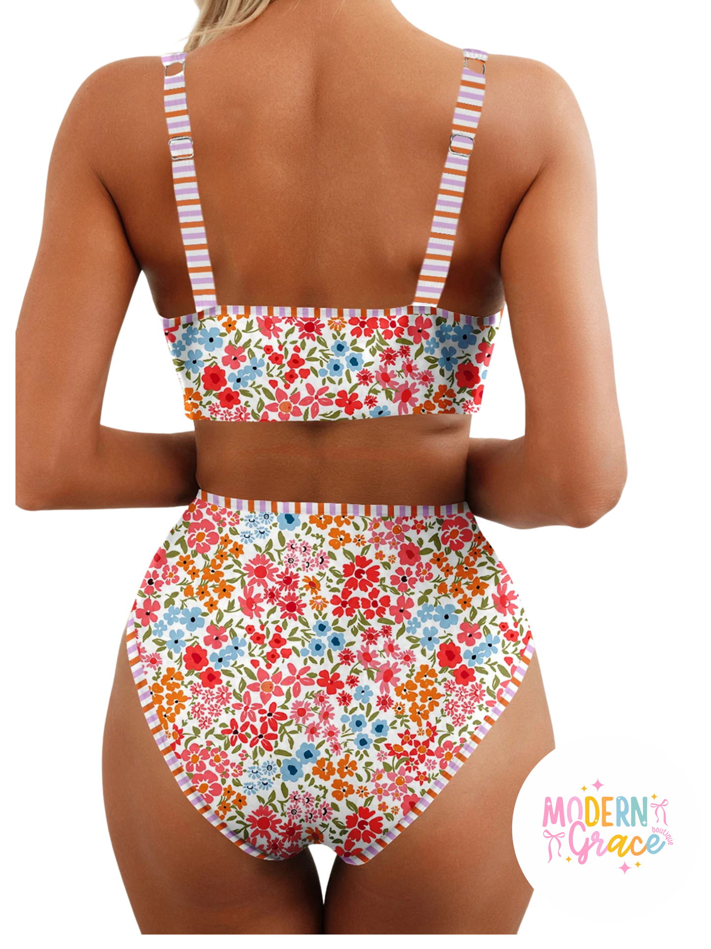 Red Floral Print Contrast Trim Cut-Out High Waist Bikini Bottom