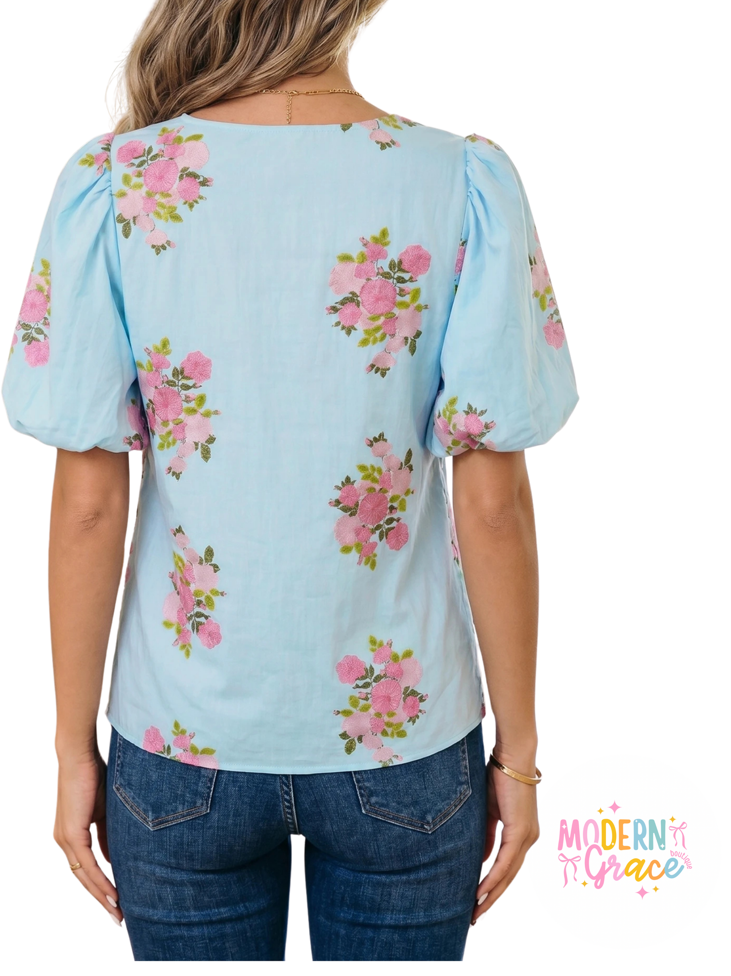 Sky blue floral Ricrac trim square neck blouse with bubble sleeves by Modern Grace, featuring a stylish and feminine design.