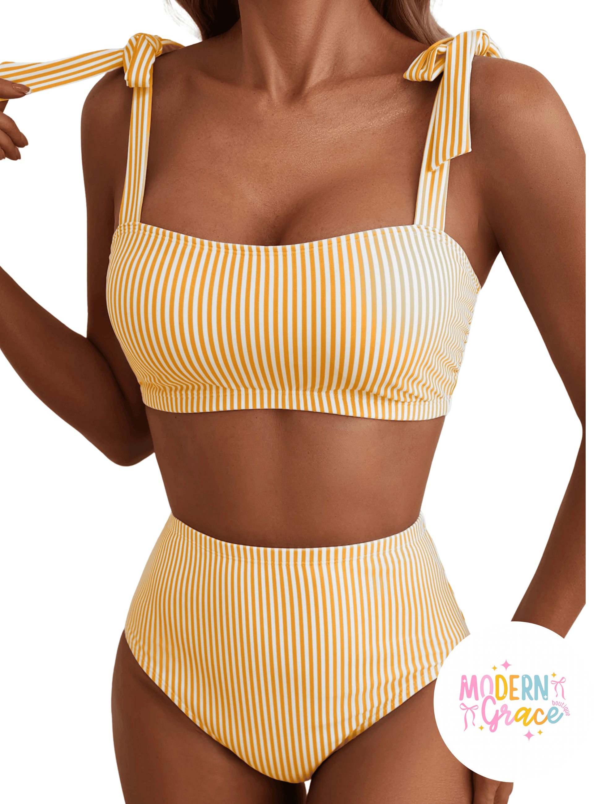Yellow stripe knot strap high waist bikini set by Modern Grace, X-small swimwear with stylish design and supportive fit.