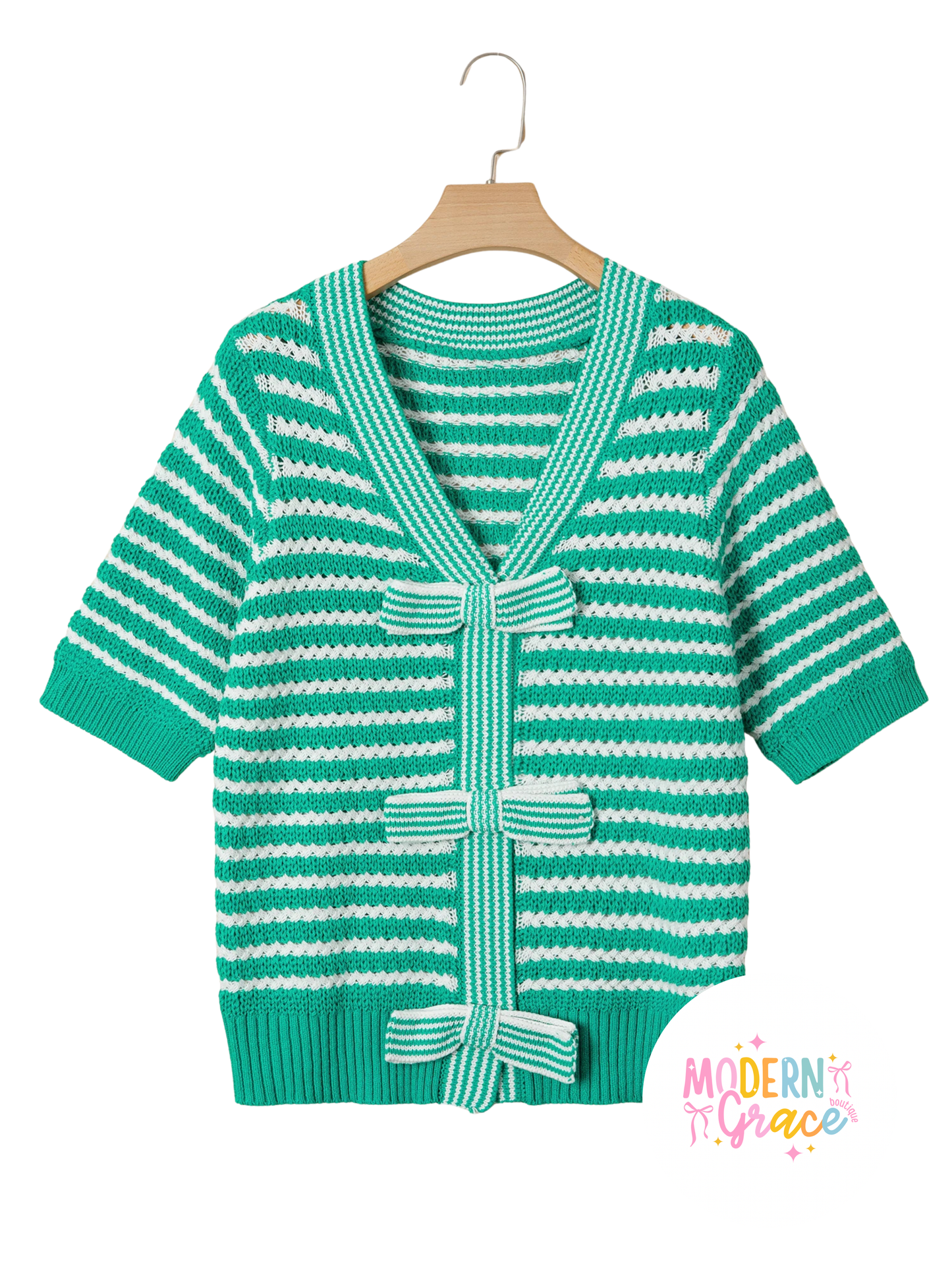 Green stripe short sleeve V-neck sweater with bow knot detail from Modern Grace, displayed on a neutral background.