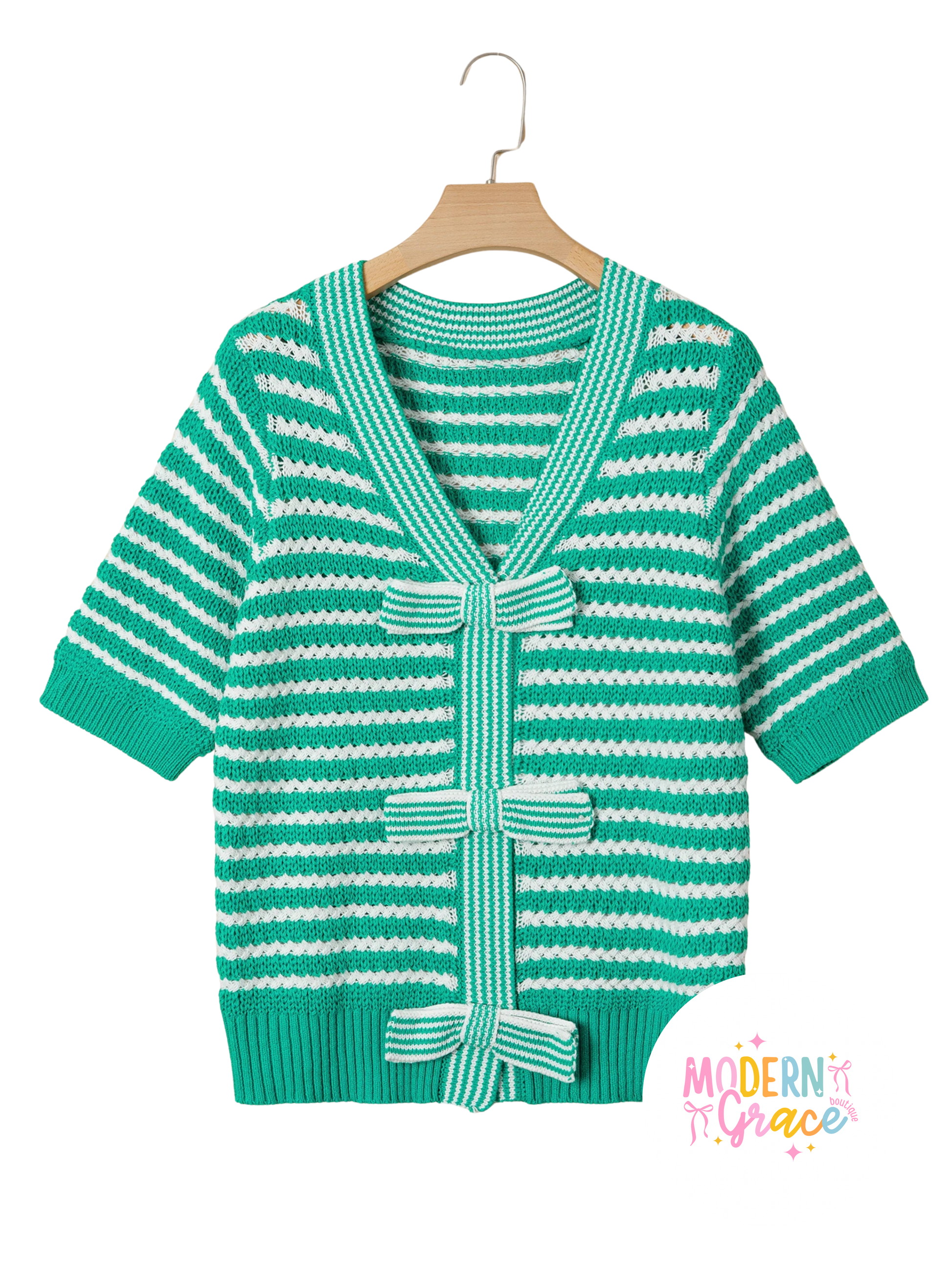 Green stripe short sleeve V-neck sweater with bow knot detail from Modern Grace, displayed on a neutral background.
