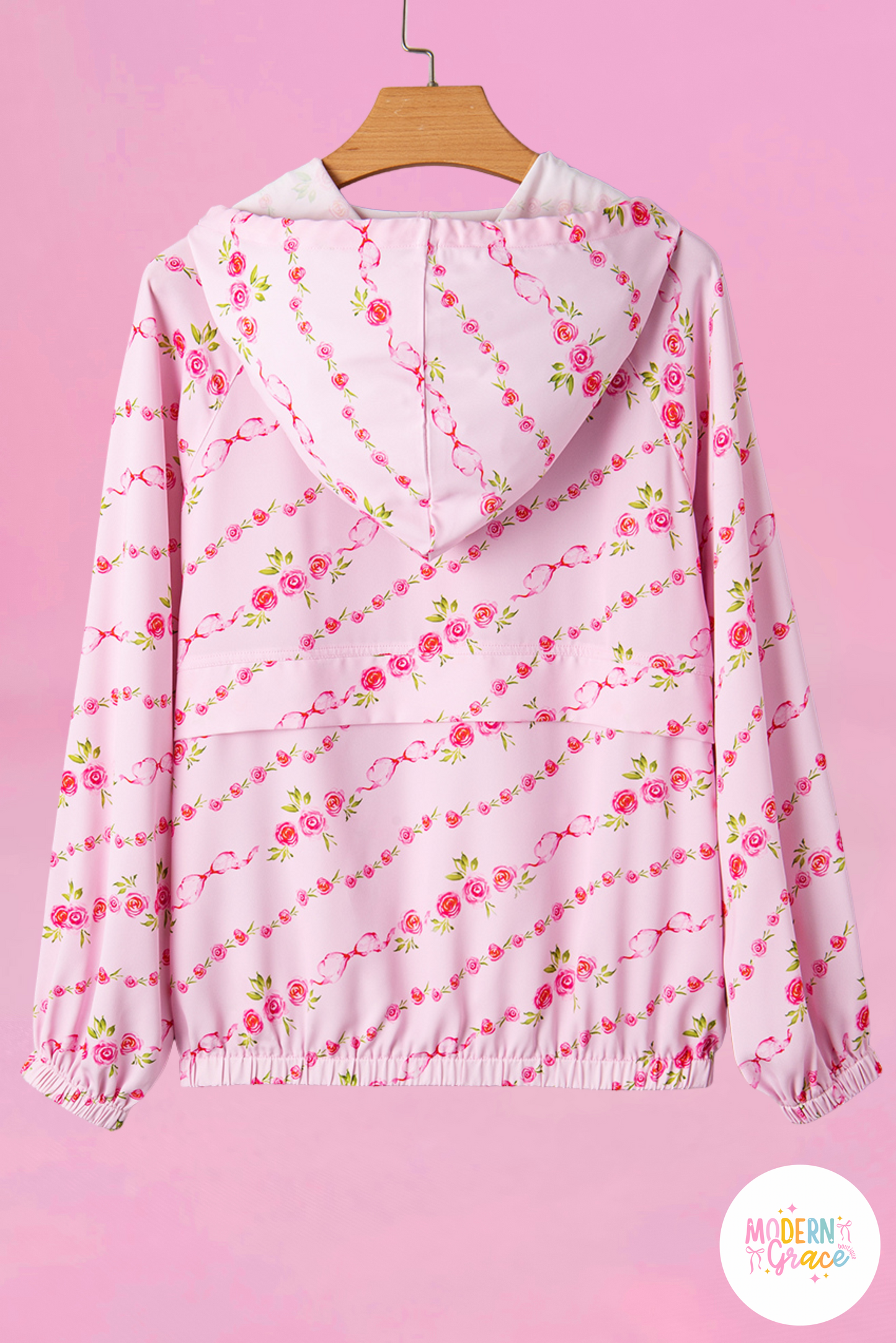 Pink Floral Print Half Zip Kangaroo Pouch Drawstring Hoodie