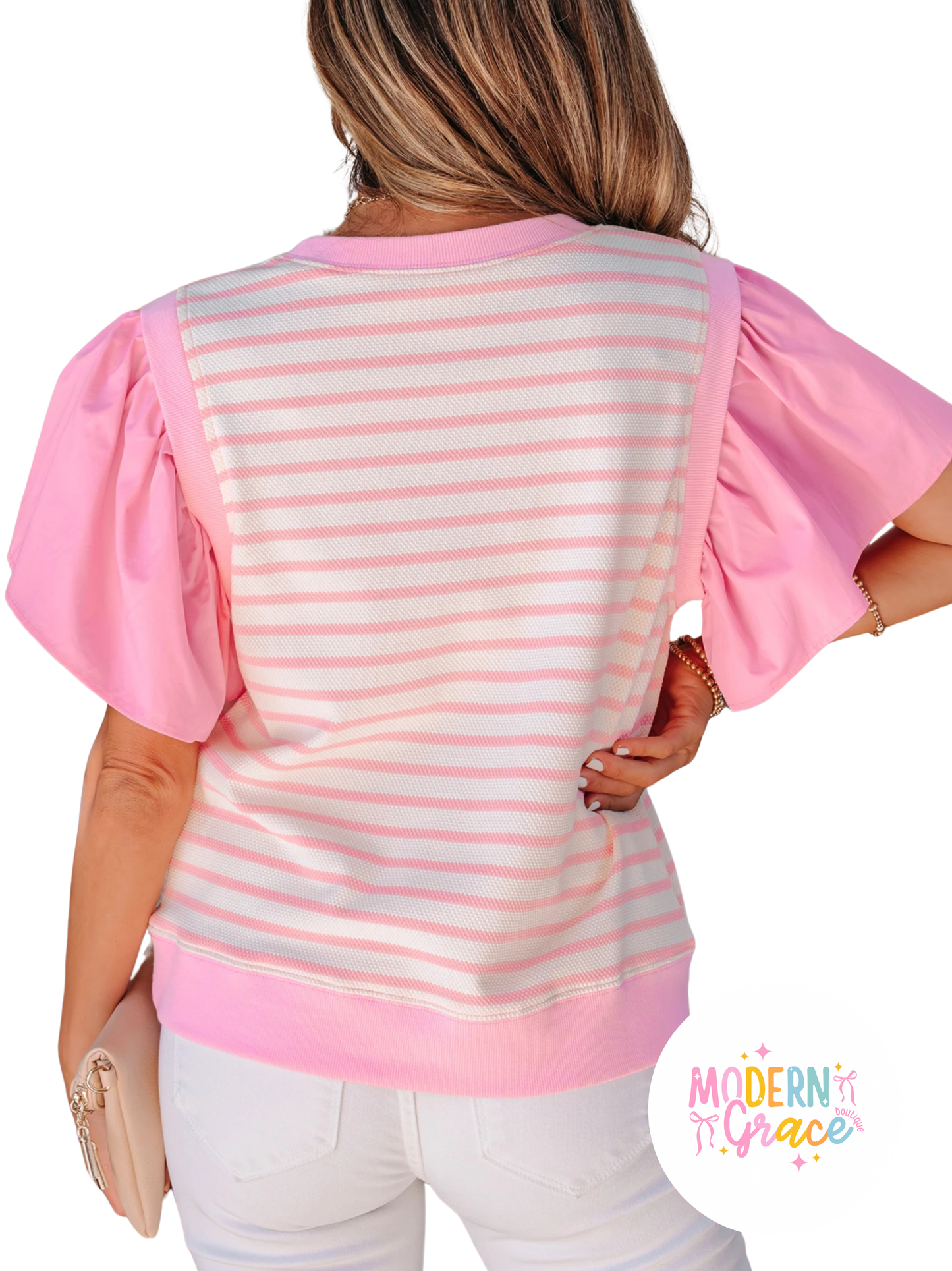 Pink stripe colorblock ruffle short sleeve blouse by Modern Grace, featuring patchwork design and feminine details.