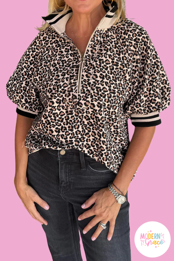 Brown Leopard Print Half Zip Striped Trim Patchwork Short Sleeve Top
