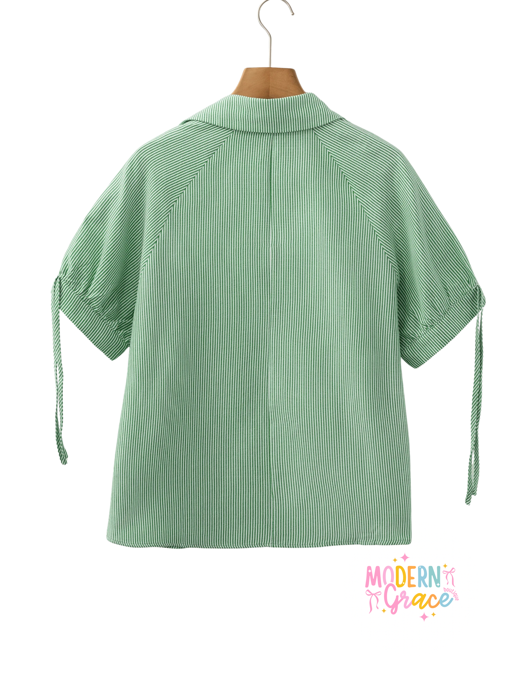 Green striped print blouse with a collared split neck and half sleeves by Modern Grace, shown in a stylish mint color.
