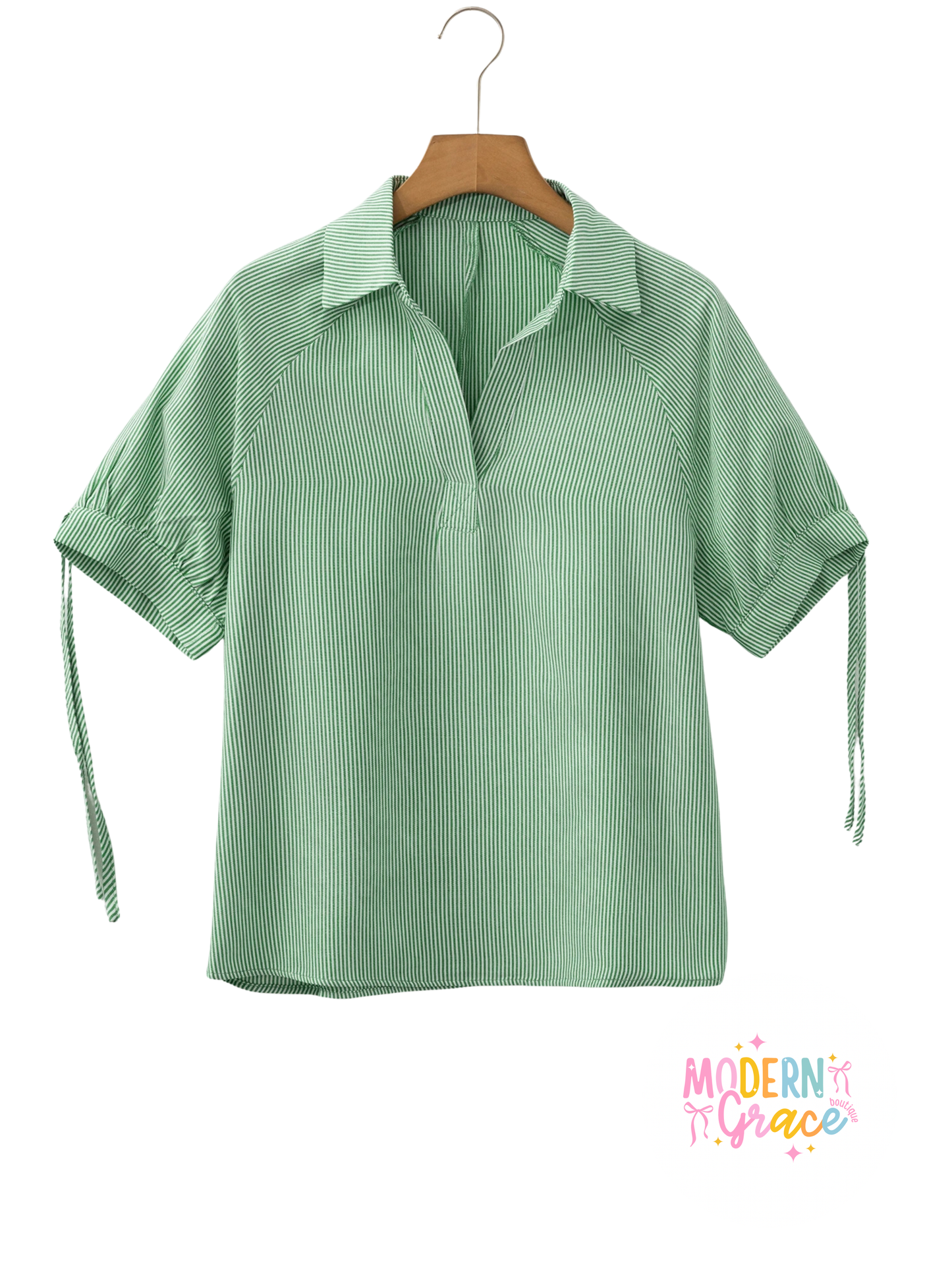 Modern Grace green striped print blouse with collar, split neck, and half sleeves, featuring a stylish and casual design.