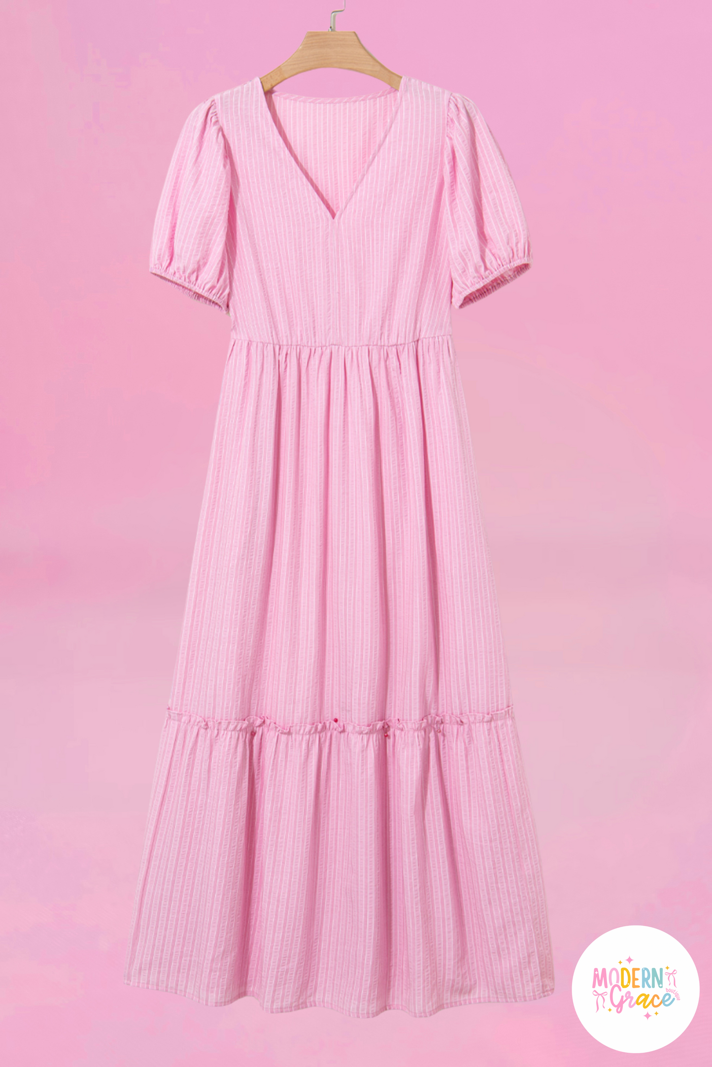 Pink Stripe V Neck Puff Short Sleeve Maxi Dress