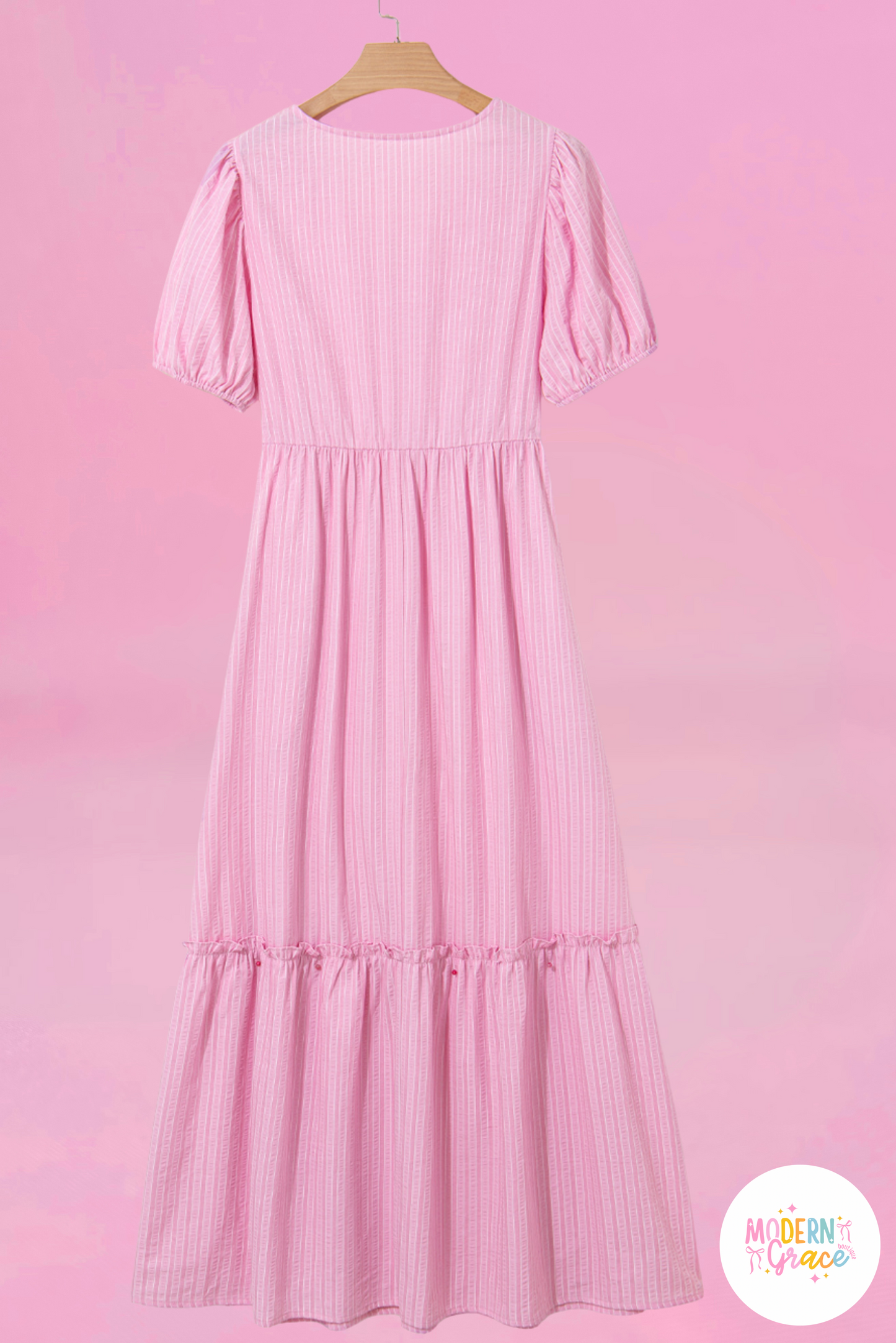 Pink Stripe V Neck Puff Short Sleeve Maxi Dress