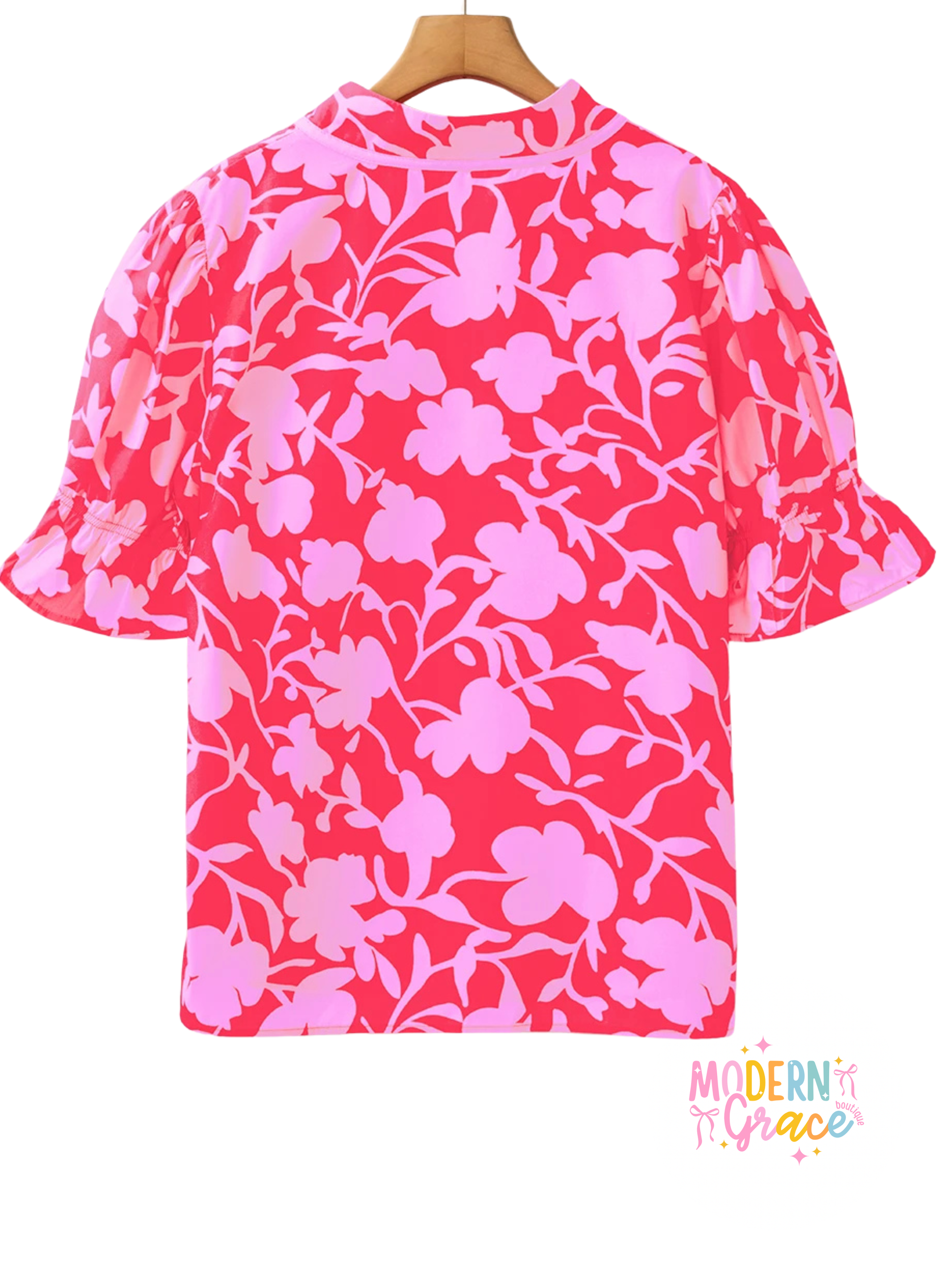 Red floral split V-neck ruffled short sleeve blouse top by Modern Grace, featuring a stylish design and feminine ruffle details.