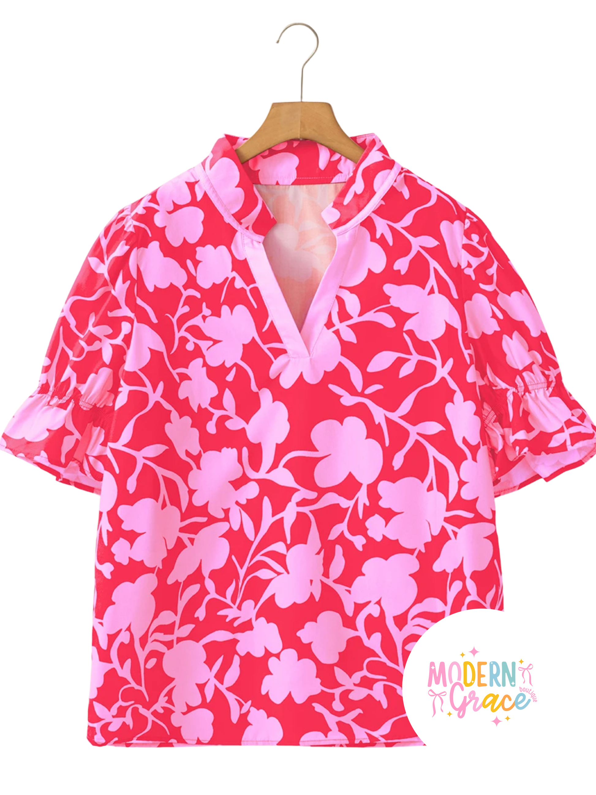 Red floral split V-neck ruffled short sleeve blouse top by Modern Grace, featuring a feminine design and vibrant floral pattern.