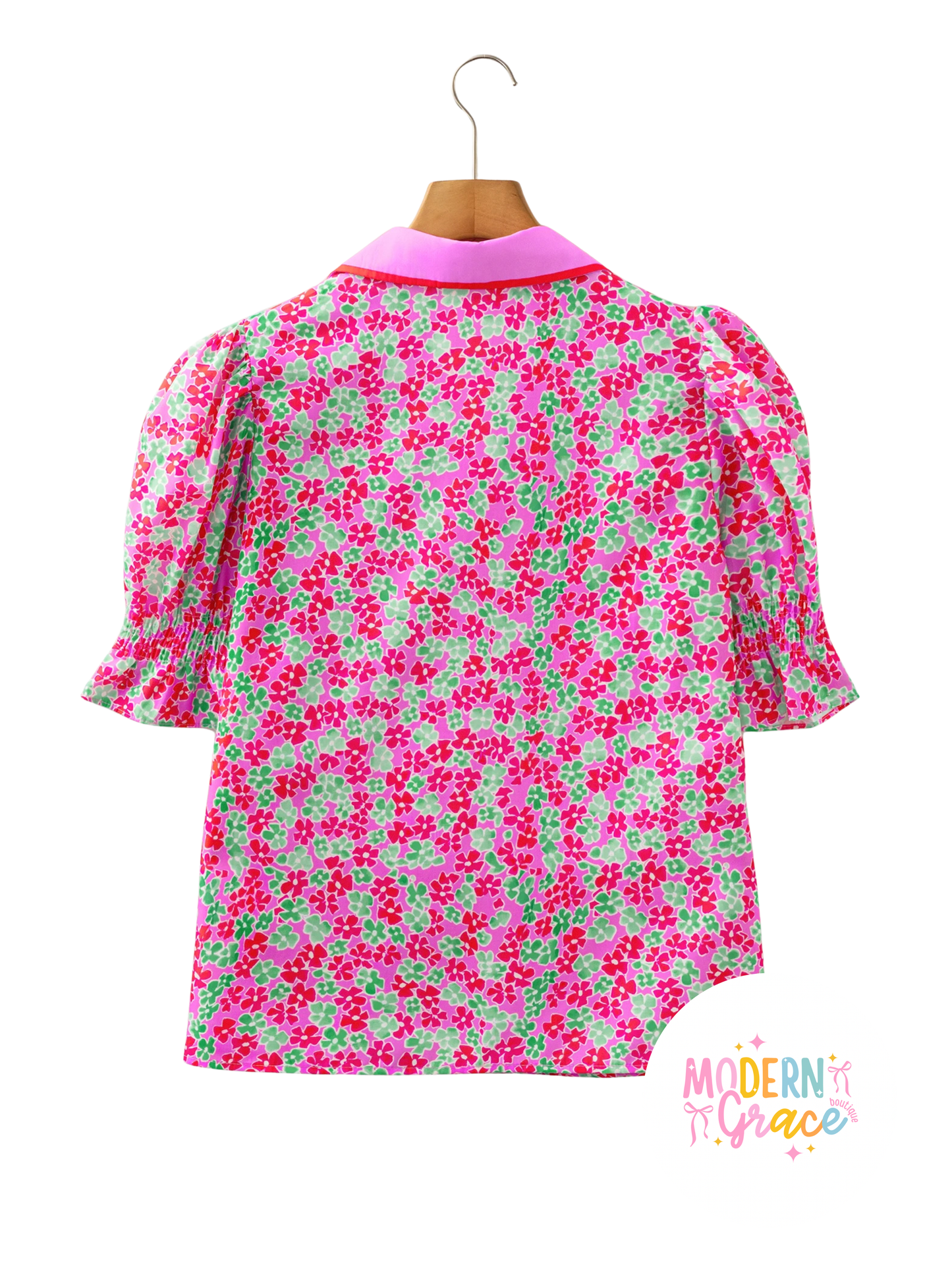 Rose Blooms Floral Collared V Neck Short Puff Sleeve Blouse Top