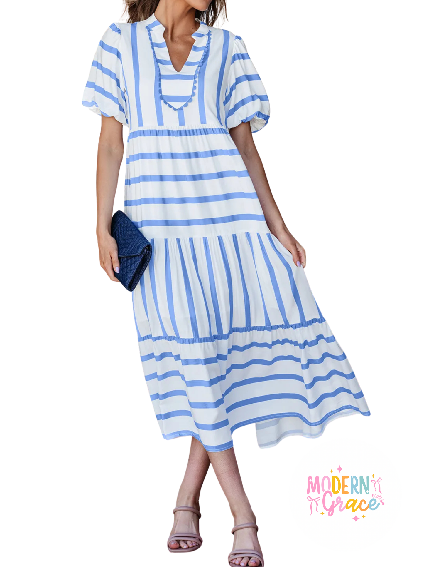 Sky Blue Stripe Ricrac Trim Notched Neck Half Sleeve Vacation Midi Dress