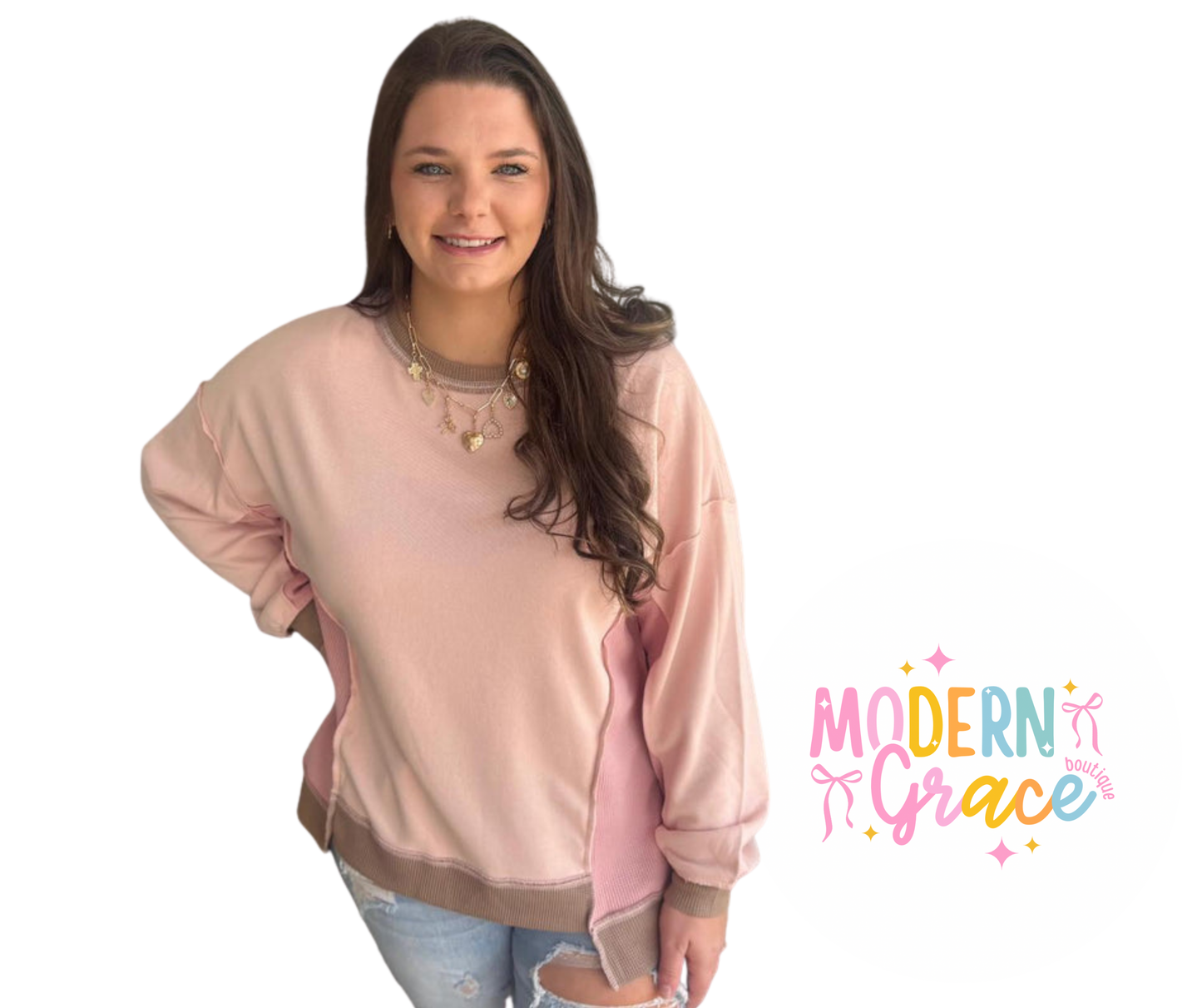 Curvy Light Pink Color Block Waffle Patchwork Exposed Sea Sweatshirt (Size up for baggy fit)