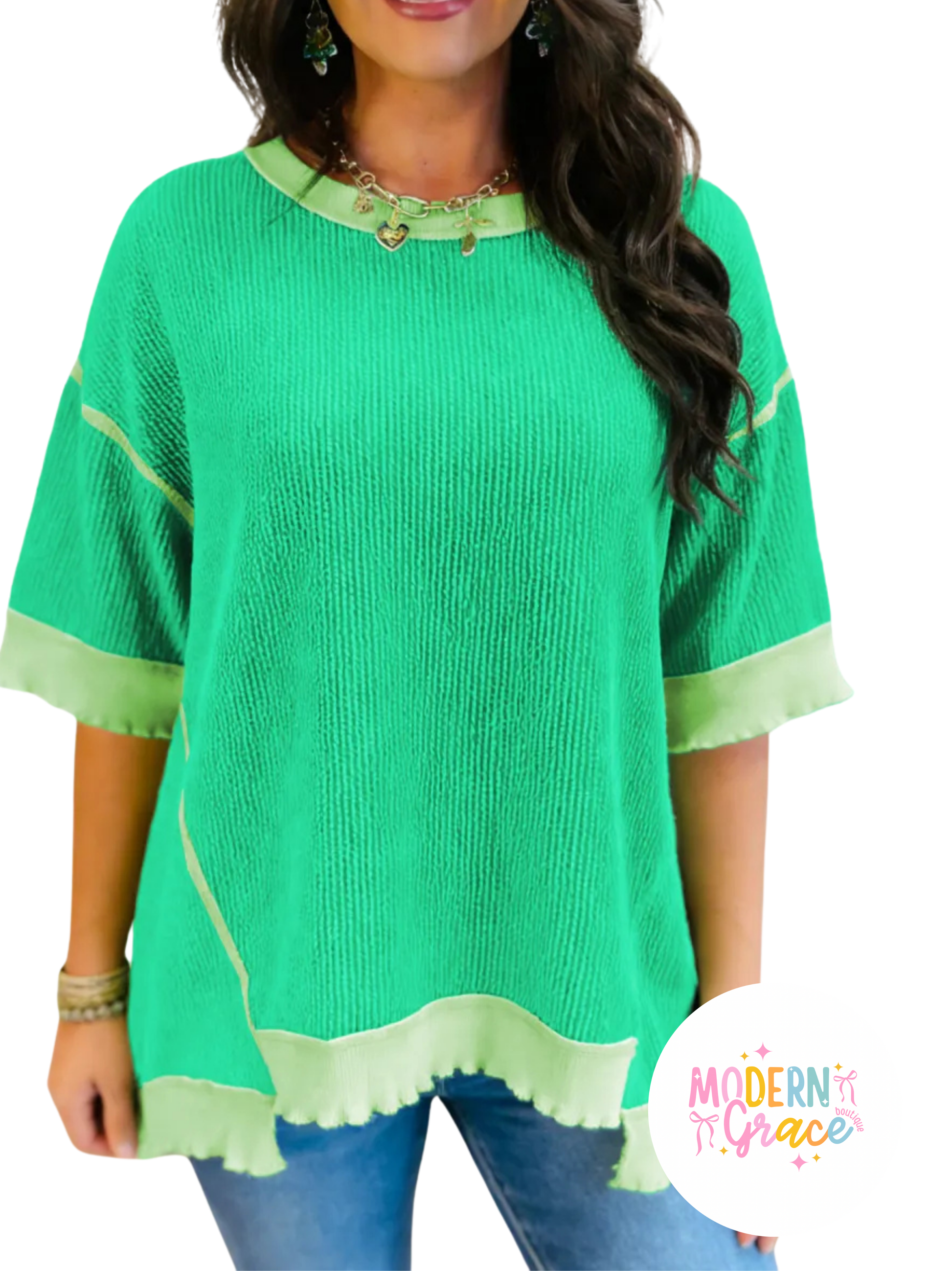 Mint green twisted rib knit tee with drop shoulder and uneven hem, by Modern Grace, showcasing a stylish casual top.